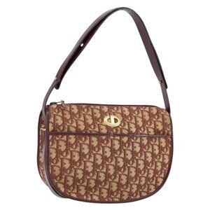 Authentic Christian Dior Trotter Canvas Shoulder Bag Beige Gold